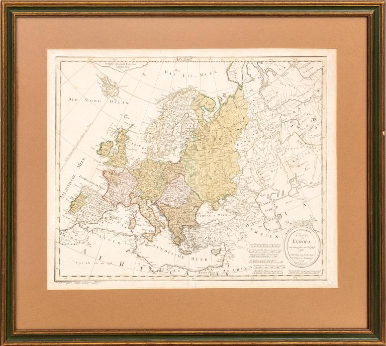 Franz Ludwig Güssefeld,  karta Europa, handkolorerat kopparstick, Nürnberg 1794.