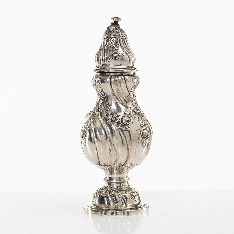 Sugar caster, silver, Rococo style, import mark CG Hallberg, Malmö 1935.