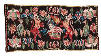 166. A CARRIAGE CUSHION, tapestry weave, ca 48-51,5 x 98-99 cm as well as fringes, Scania, Sweden, late 18th century.