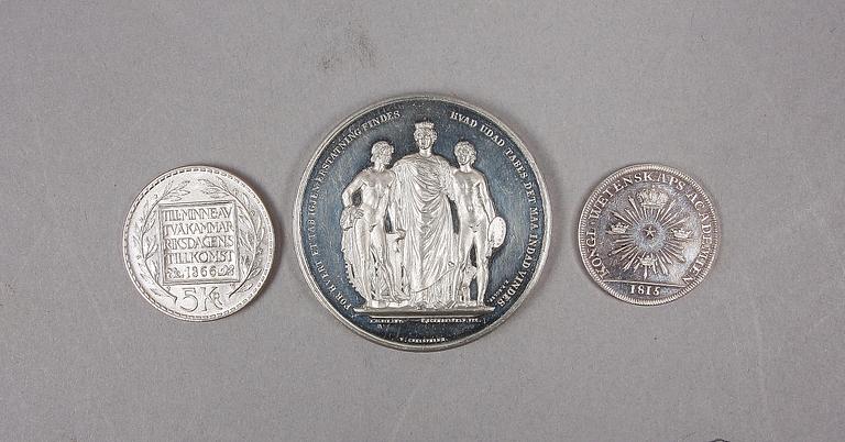 PARTI MINNESMYNT, 6 delar, silver och brons, 1872-1968. Ca 100 g silver.