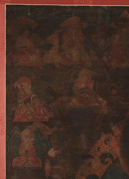 A Tibetan thangka of Shakyamuni Buddha with the eighteen  arhats, 18th century.
