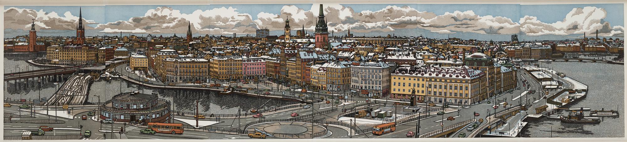 SVENOLOV EHRÉN, färgträsnitt, samramade motiv över slussen. 225/360.