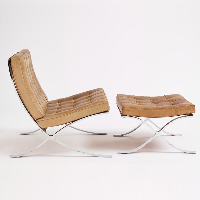 Ludwig Mies van der Rohe, a "Barcelona" easy chair and ottoman, Knoll, 1970s.