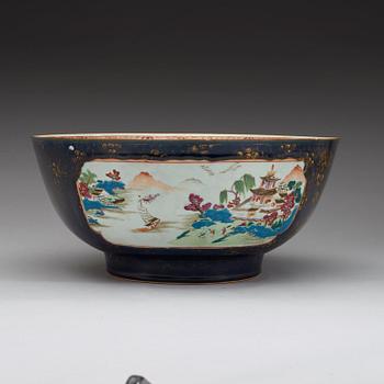 A powder blue and famille rose punch bowl, Qing dynasty, Qianlong (1736-95).