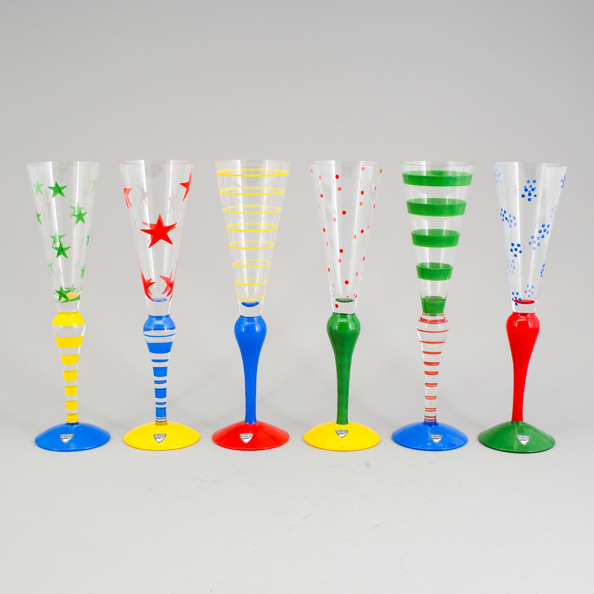 ANNE NILSSON, champagneglas, 6 st, "Clown", glas, Orrefors, signerade.