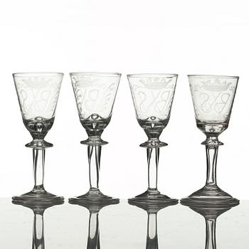 Four engraved Swedish wine goblets, 18th Century.