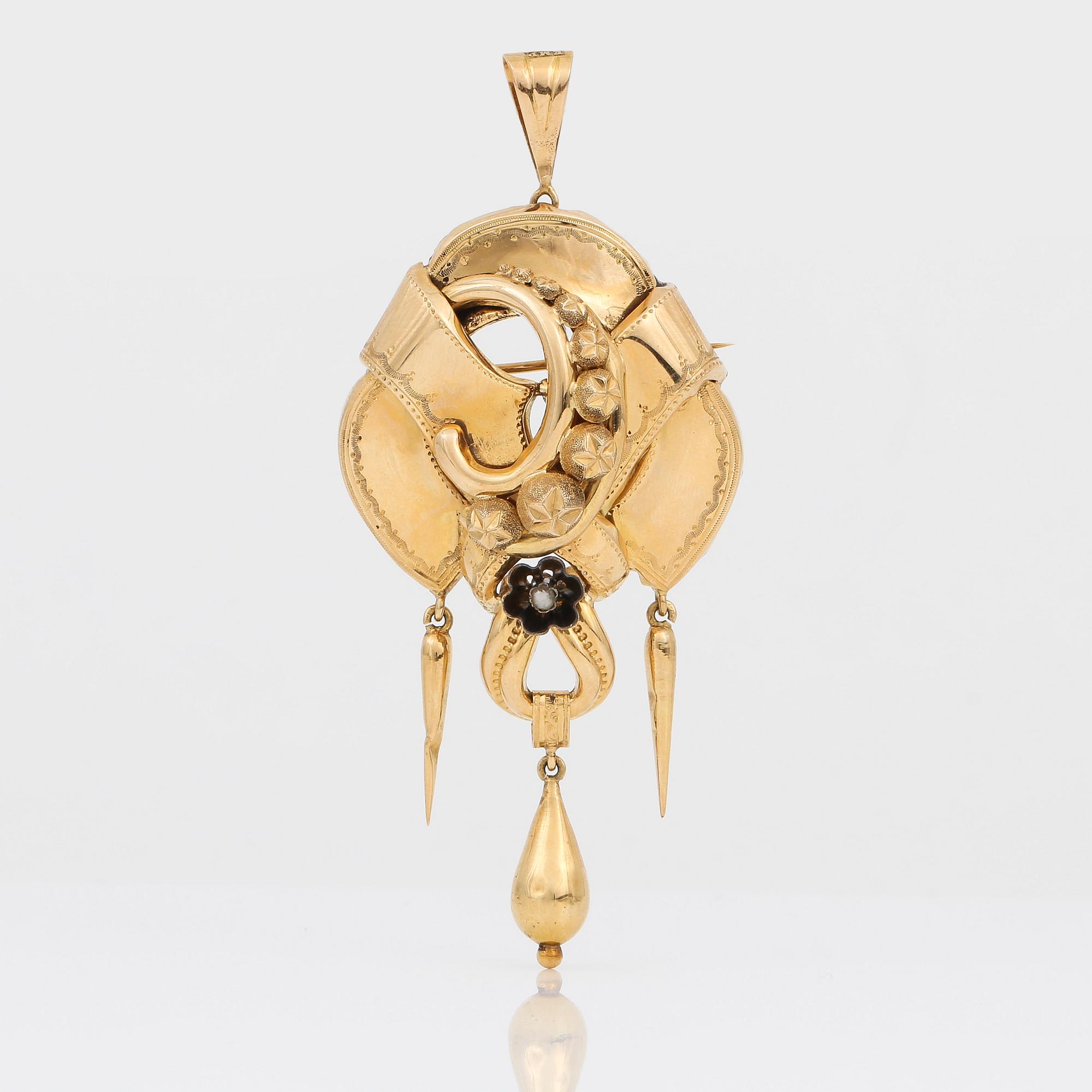 HÄNGE/BROSCH, 18K guld med en små söttvättenspärlor, troligen Guldvaru Dahlgren, Malmö, 1946-7.