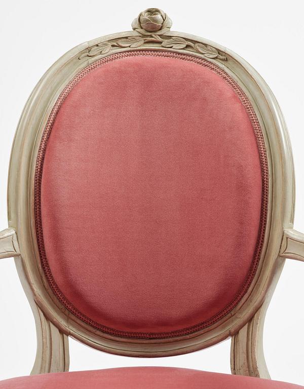 A Gustavian open armchair by J. Malmsten (master in Stockholm 1780-88).