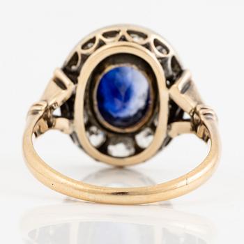 Ring, cameo model 14K gold with sapphire and old-cut diamonds.