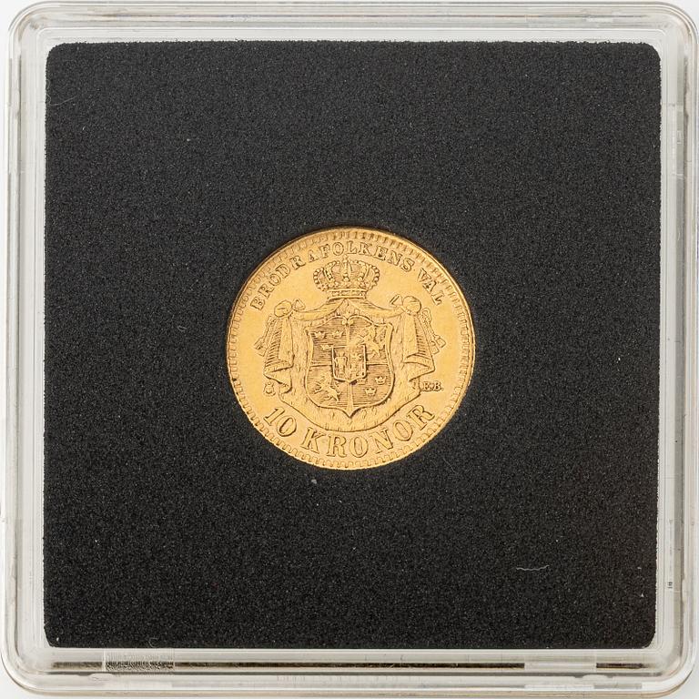Gold coin, Oscar II, 10 kronor, type II, Sweden 1876.