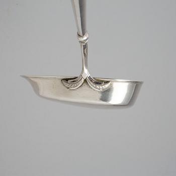 A silver soup ladle by silversmith Anders Emanuel Blomquist, made in Vadstena in Sweden in 1837. Weight ca 117 grams.