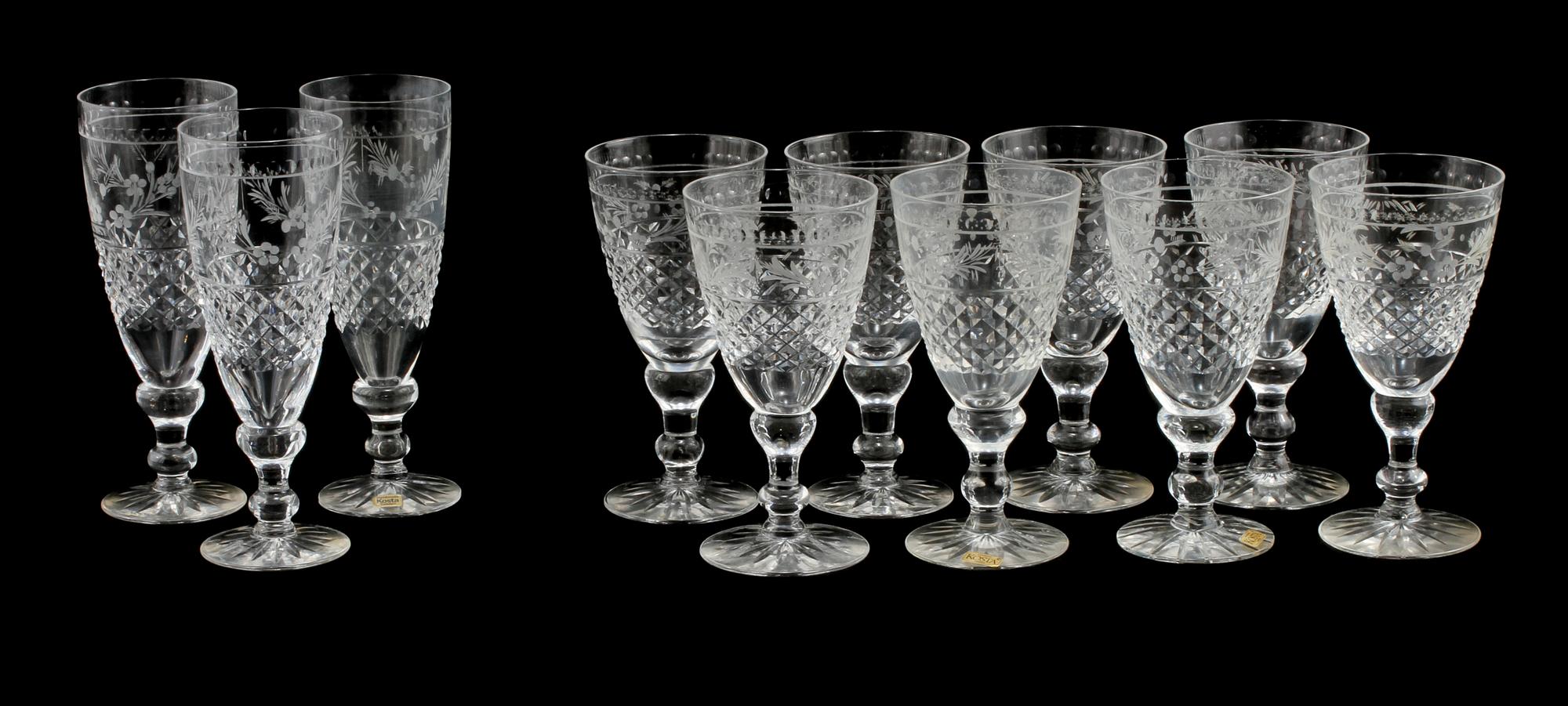VINGLAS, 8 st samt CHAMPAGNEGLAS, 3 st, "Elvira Madigan", Kosta, 1900-tal.