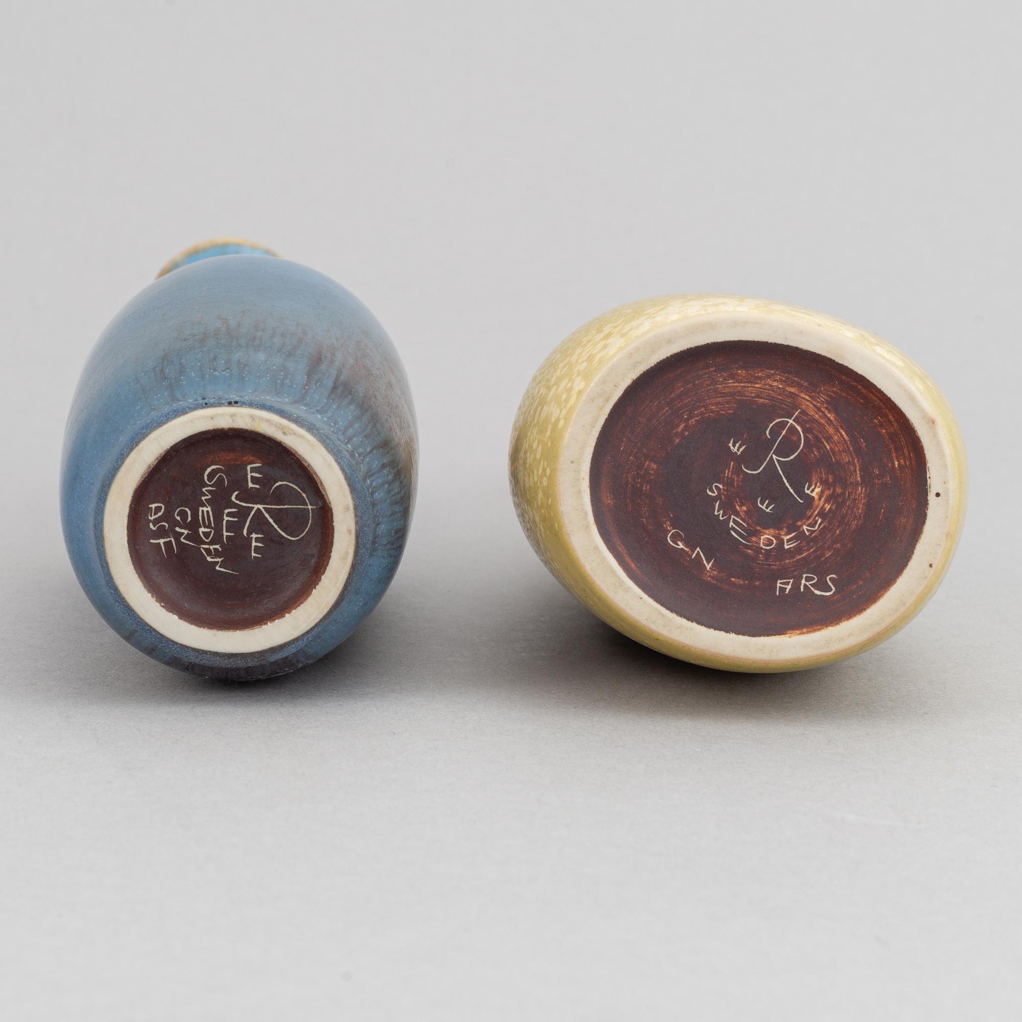 Gunnar Nylund, a set of five stoneware vases and two bowls and Carl-Harry Stålhane, a set of two vases for Rörstrand.