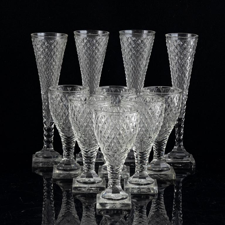 Four champagne glassas and 6 wineglasses, first half of the 19th century.