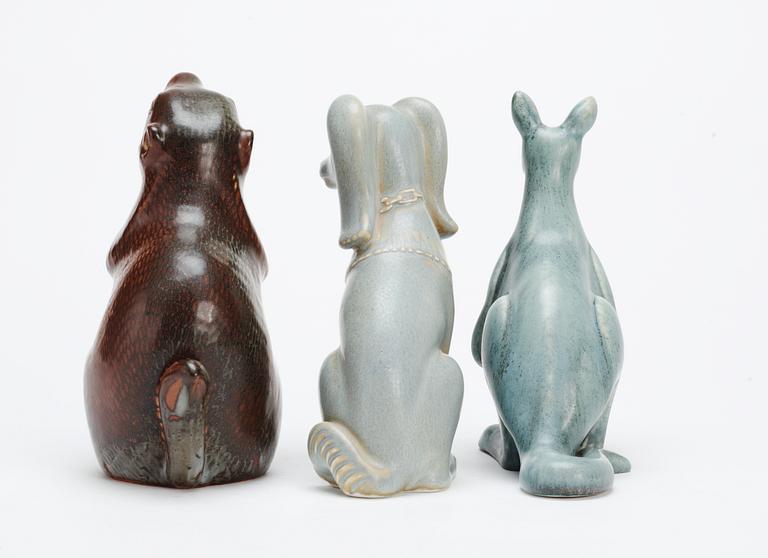 Three Gunnar Nylund stoneware figures, a kangaroo, a dog and a marmot, Rörstrand.