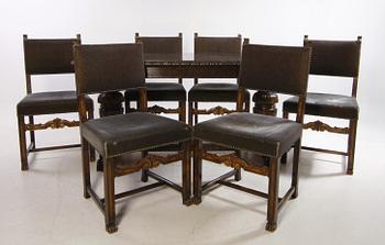 MATSALSGRUPP, 7 delar. 1930/40-tal. Bord samt stolar, 6 st.