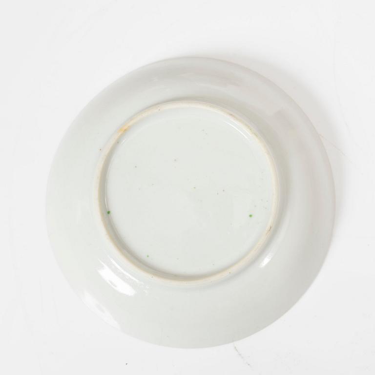 A set of five famille rose tea cups, Qing dynasty, 18th century and a bowl, Qing dynasty, 19th century.