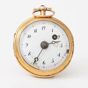 SPINDELUR, 18K guld, omkring år 1800. Total vikt inklusive urverk ca 15 g.