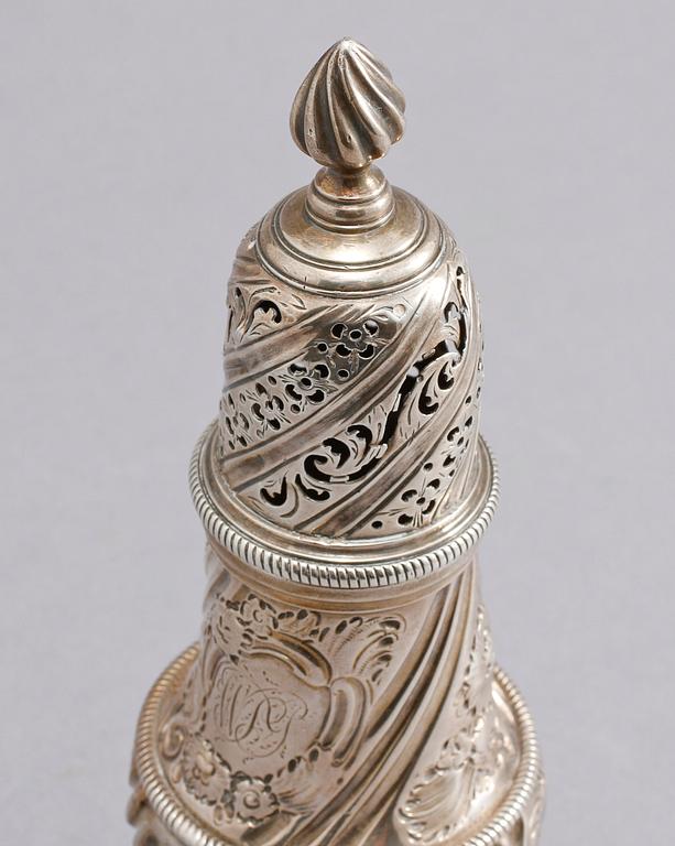 SOCKERRUSKA, silver, okänd mästare, stämplad JD eller TD, London, 1754. Vikt 141 g.