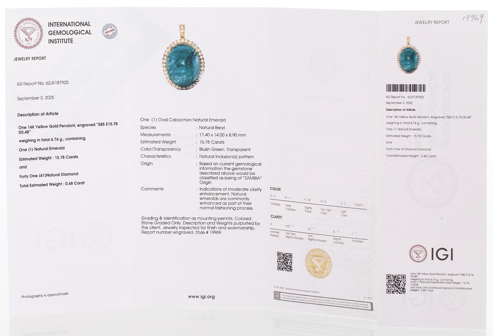 A 14K gold necklace with emerald and diamonds. With IGI certificate.