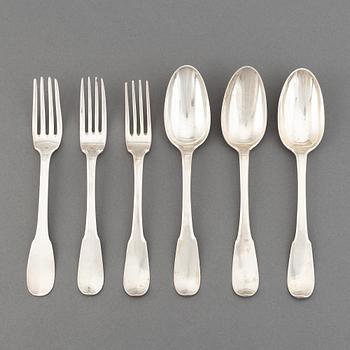 Six Swiss silver table spoons and table forks (3+3), Lausanne 18t century.