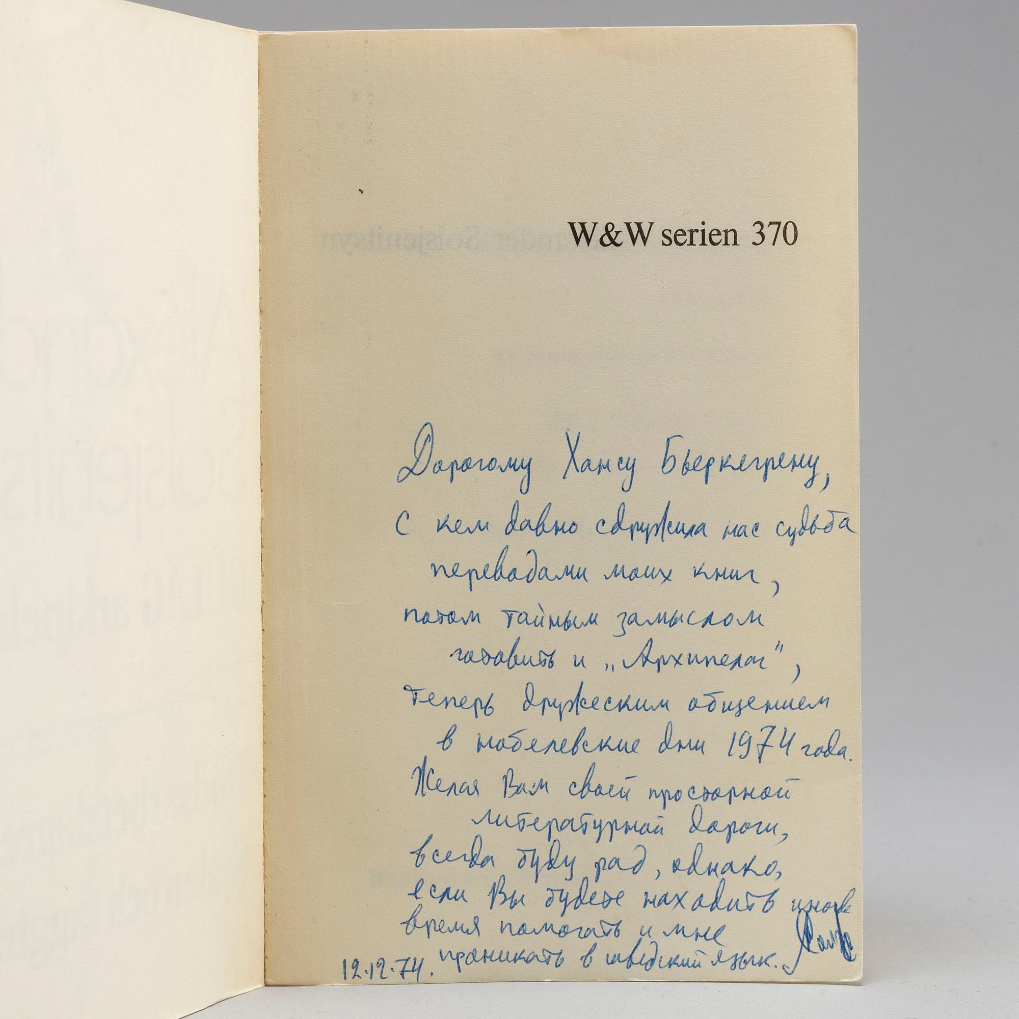 BOOK, With a magnificient inscription by the Nobel Laureate Aleksandr Solzhenitsyn / Alexander Solsjenitsyn.