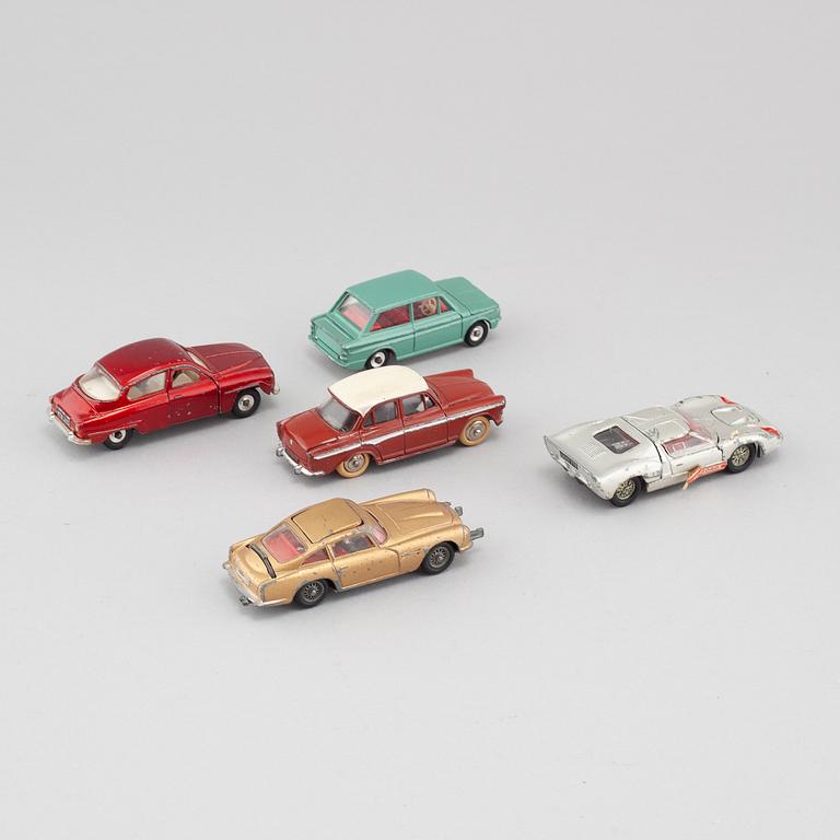 Five 1960s toy cars by Corgi and Dinky toys.