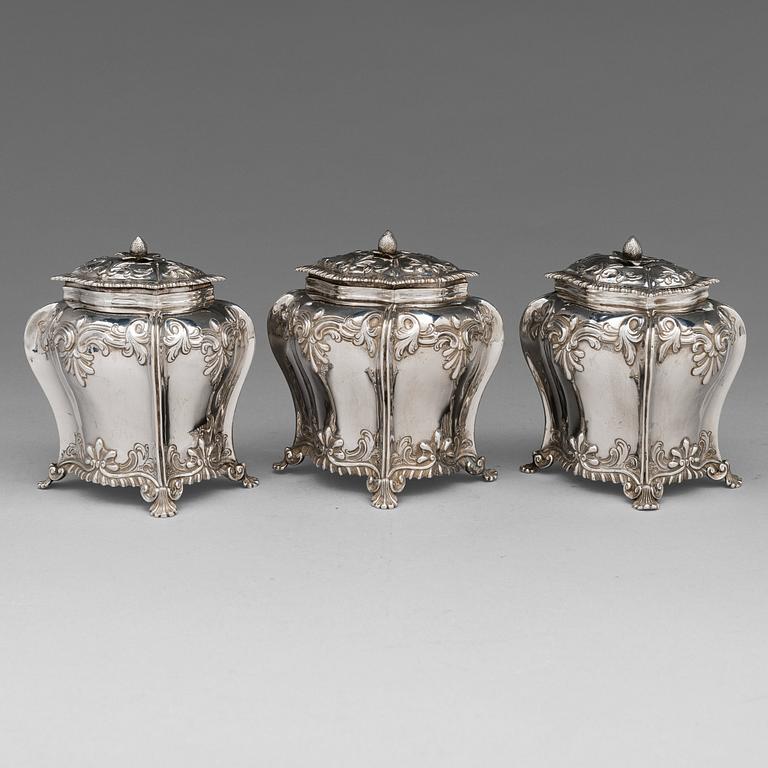 Teburkar, 3 st, sterlingsilver, Thomas Bumfriss och Orlando Jackson, London 1766. I schatull.