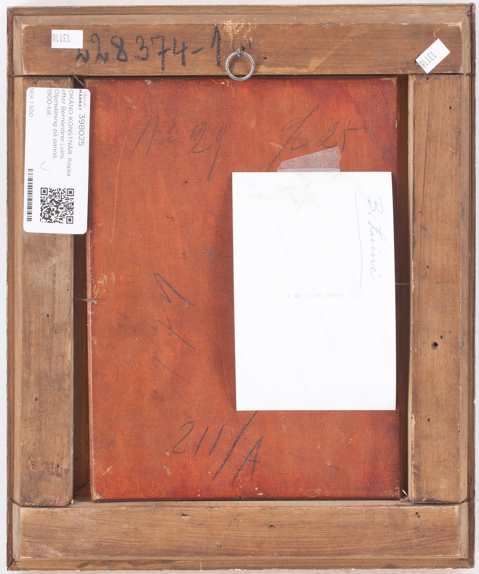 OKÄND KONSTNÄR. Kopia efter Bernardino Luini. Oljemålning på pannå. 1900-tal.