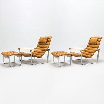 ILMARI LAPPALAINEN, a pair of 'Pulkka' lounge chairs with ottomans for , Asko, Finland.