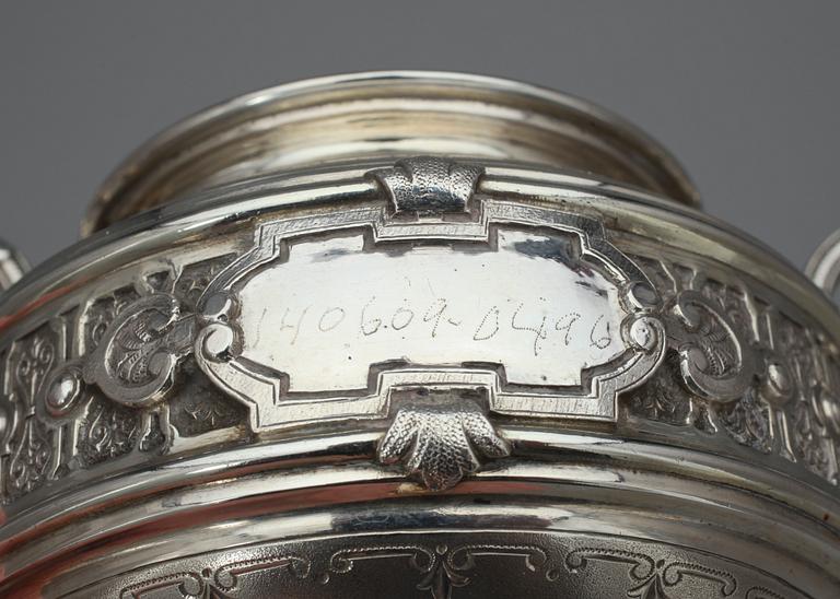 KAFFESERVIS, 3 delar silver, nyrenässans, Carl August Nilsson Malmö 1888, totalvikt 770 gr.