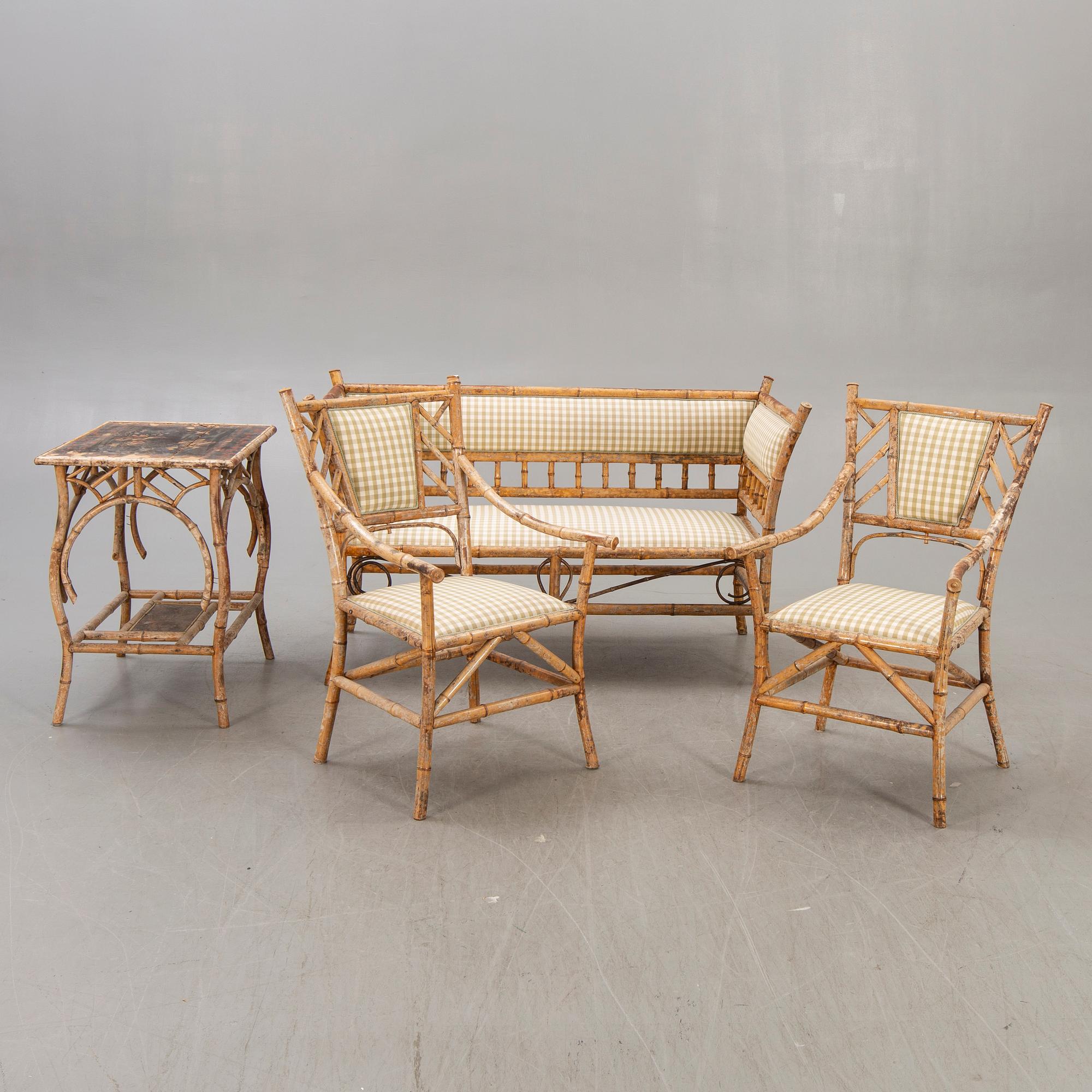 A set of sofa, table and armchairs, bamboo, first part of the 20th century.