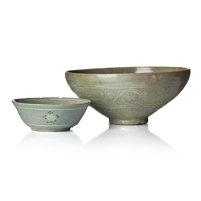 Two inlaid celadon stoneware bowls, Korea, Goryeo dynasty (13th century).
