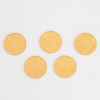 Five gold coin, Saudi Arabia, total weight 40 gram.