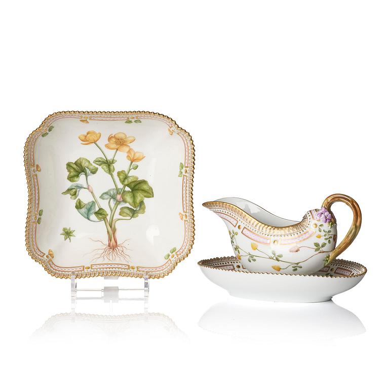 A Royal Copenhagen 'Flora Danica' sauce boat and a pillow shaped bowl, Denmark, 20th century.