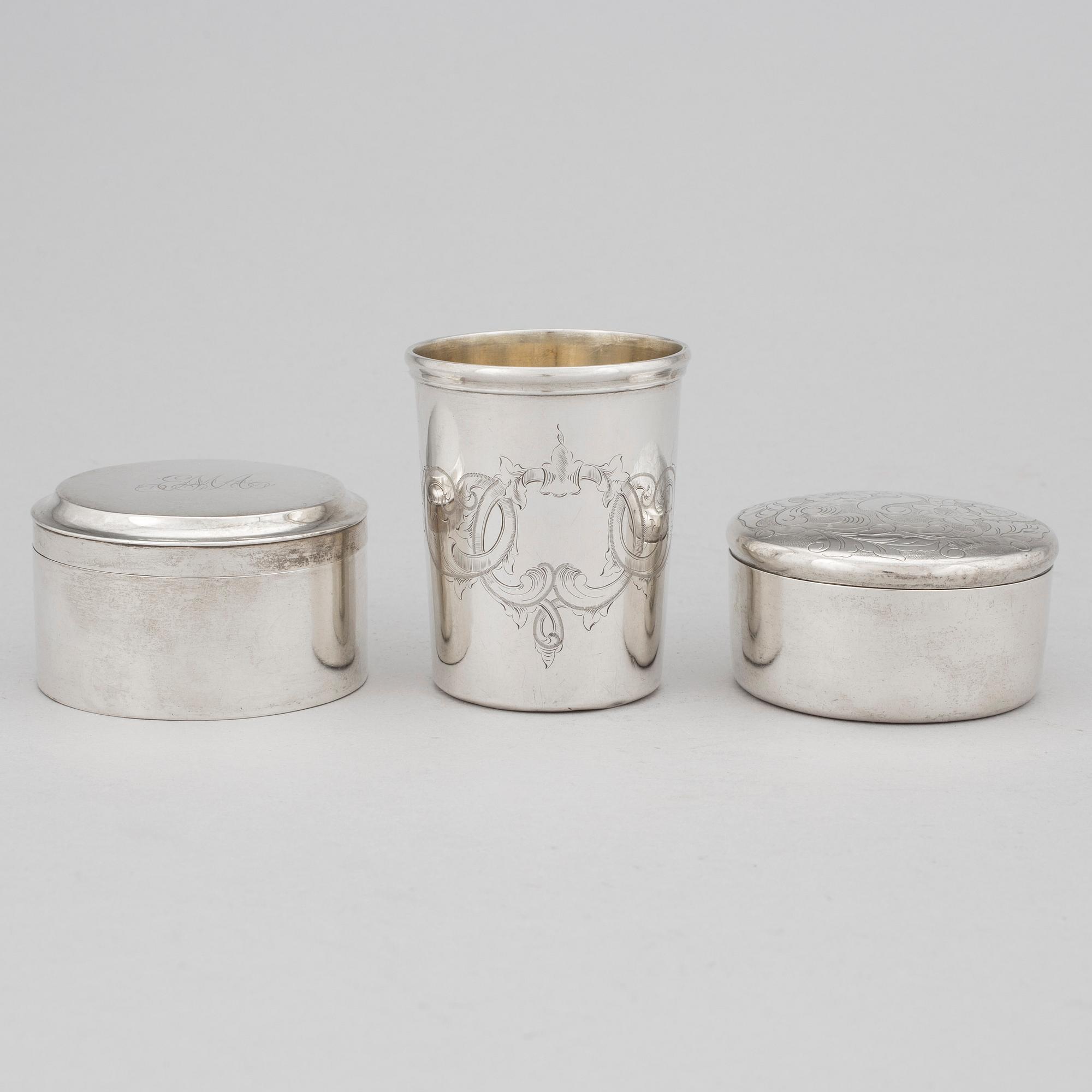 Two Swedish 19th Century silver boxes and one silver beaker, one made by Johan Petter Grönvall, 1827, Stockholm.