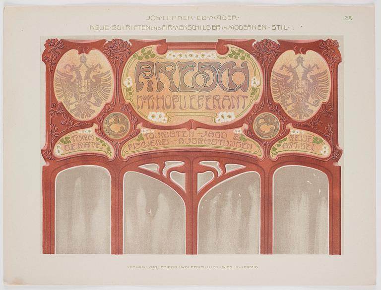 Three volumes of plates."Neue Schriften und Firmenschilder", "Der Praktische Schildmaler" och "Der Praktische Decoration.