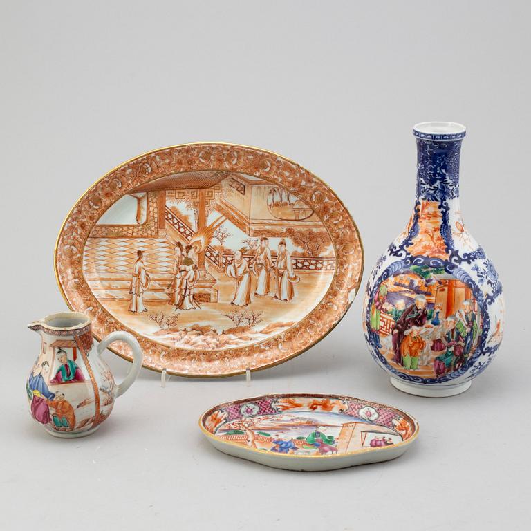 A famille rose Mandarin vase, dish, serving dish and jug, Qing dynasty, 18th/early 19th century.