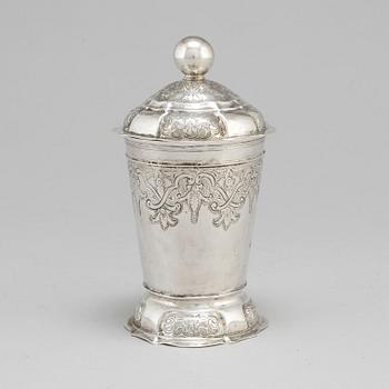 An 18th century silver beaker and cover, fantacy marks like Swedish pewter marks.