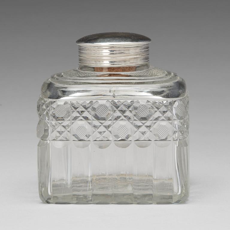 A Russian 19th century glass and silver tea-caddy, lid marked Johan Bernard Hertz, St. Petersburg 1833.