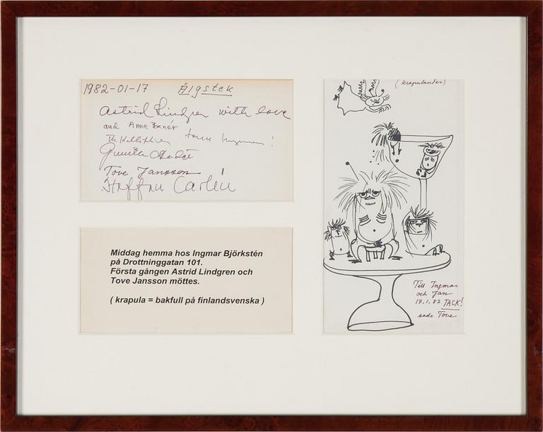 TOVE JANSSON, an ink drawing with guestbook entries, 1982.