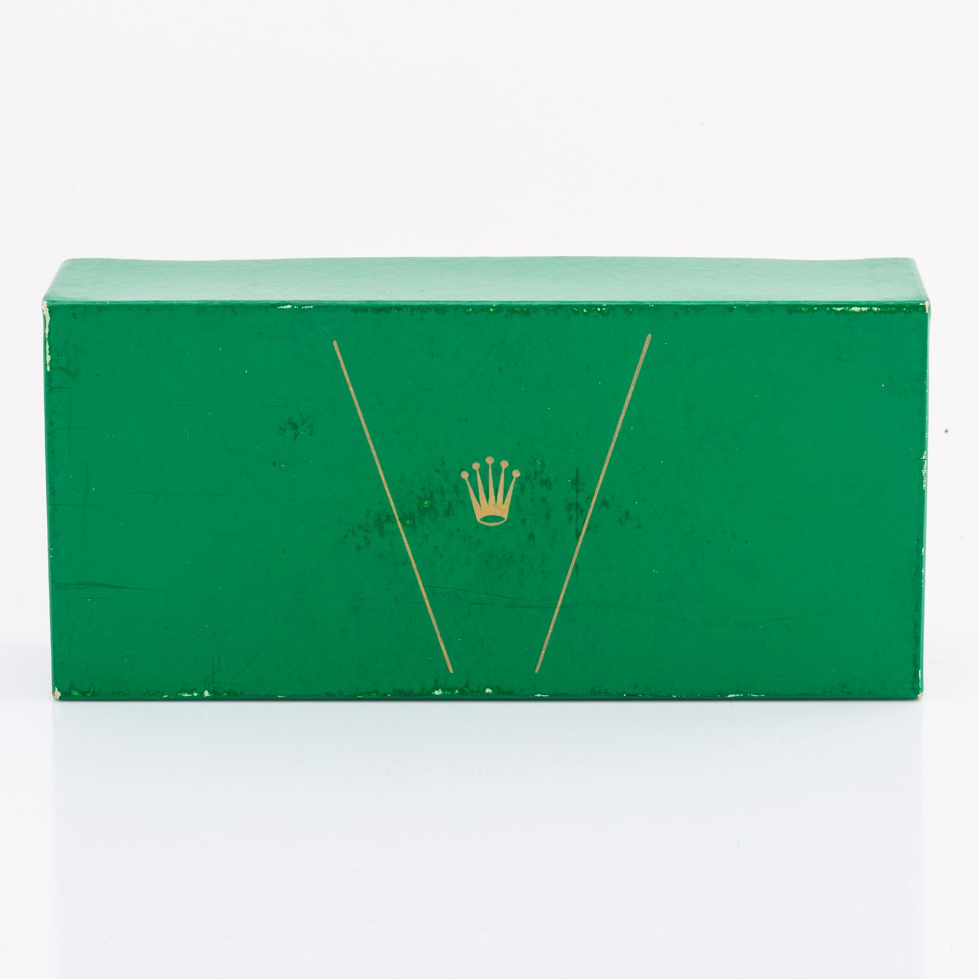 ROLEX 1962-1963, etui, box m etikett '1500 Stahl', certifikat m m, samt  äldre Rolex läderarmband.