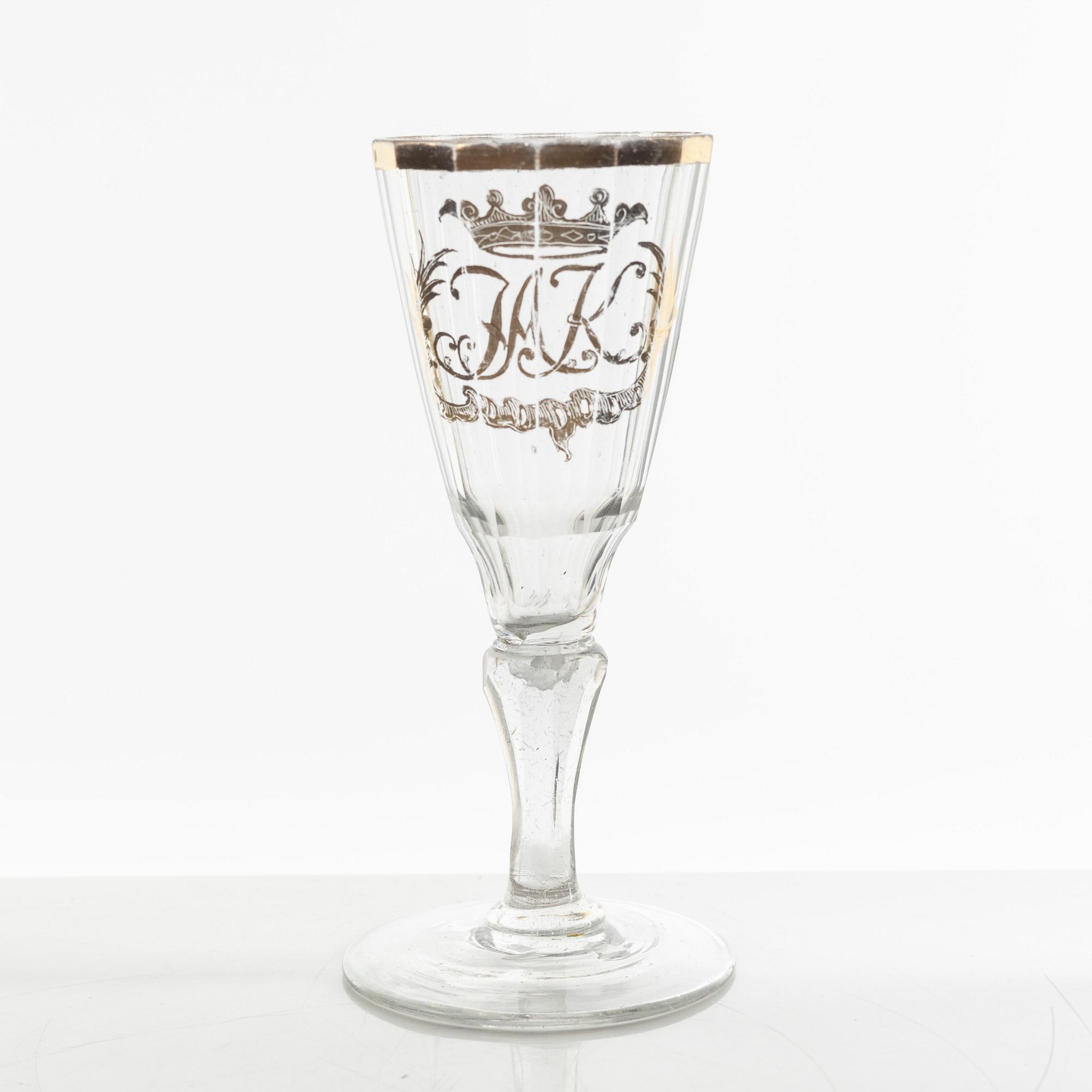 A set of two wineglasses and a small glass, 18th century.