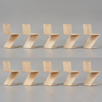 Gerrit Rietveld, a set of ten "Zig Zag" chairs, Cassina, Italy.