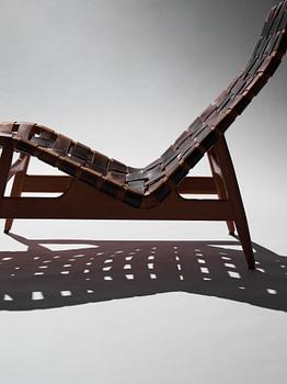 Arne Vodder, a teak chaise longue with black leather straps, Bovirke Denmark 1950's.
