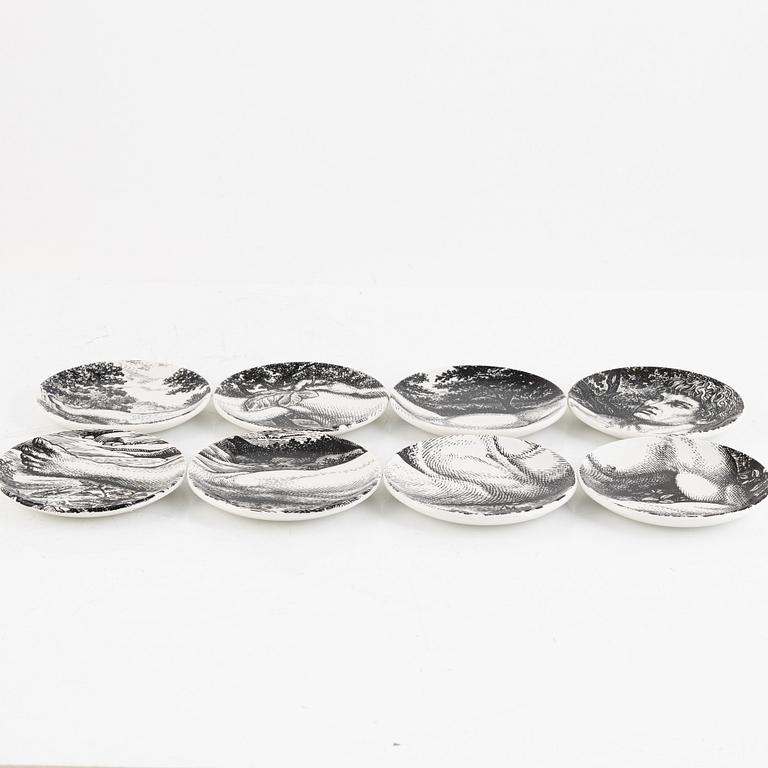 Piero Fornasetti, glasunderlägg, 8 st, "Adamo ed Eva",flintgods, Milano, Italien, 1965.