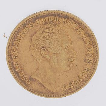 A Swedish 1 Dukat in gold, with the Swedish and Norwegian King Oscar I, 1856.