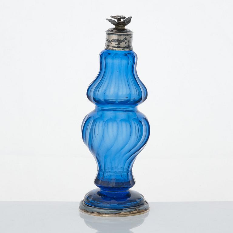 A Swedish Rococo blue glass and silver bottle, marked Lorenz Vick (Ulricehamn 1766-1808).
