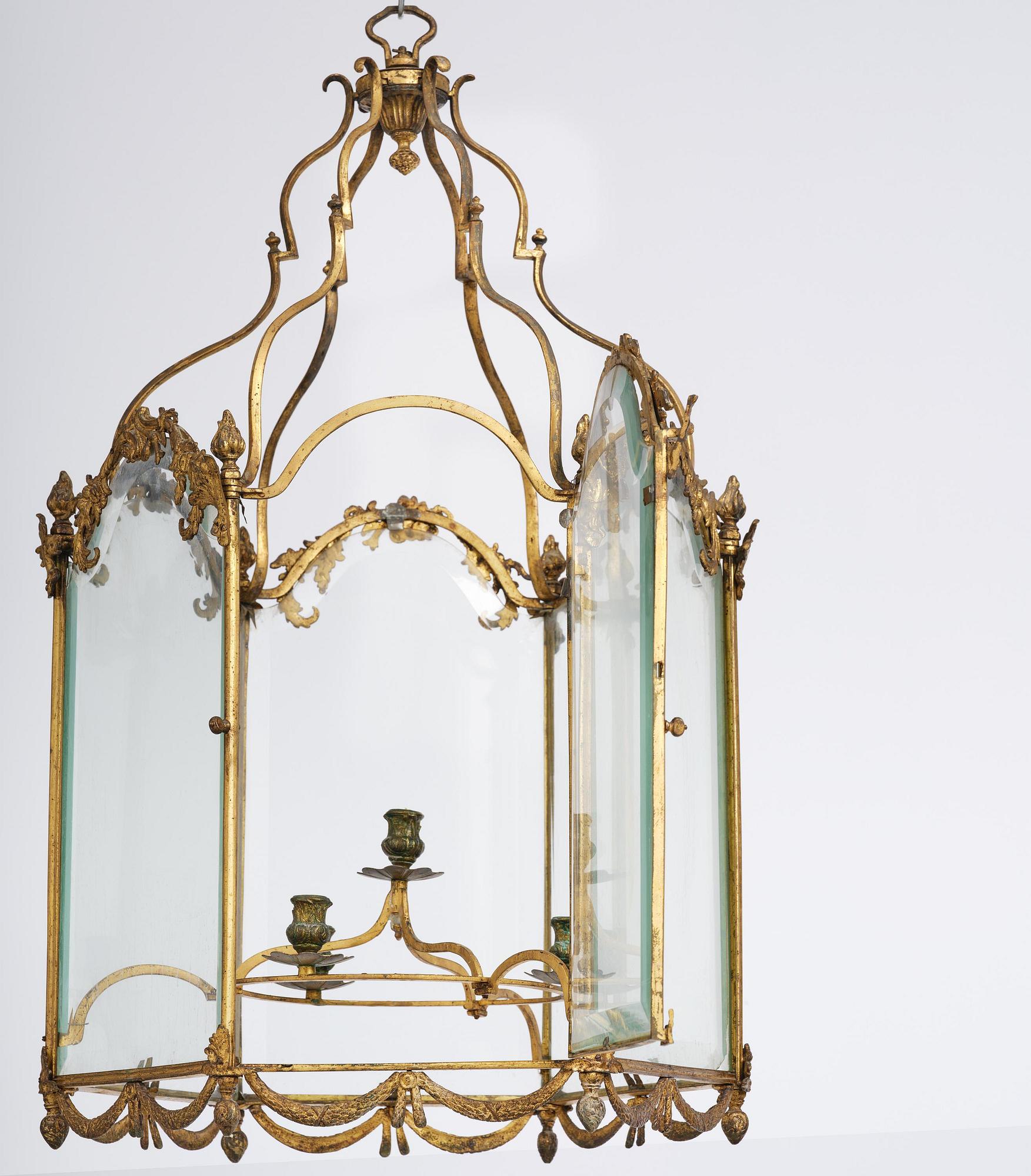 A fine Swedish rococo gilt-brass four-light lantern, Stockholm, later part of the 18th century.
