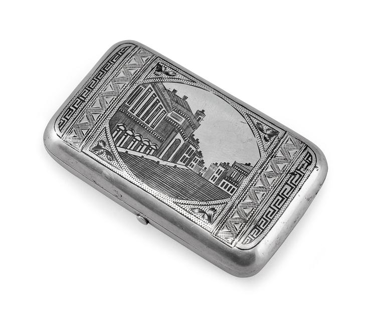 A CIGARRETTE CASE, 84 silver, niello. Sergei Nazarov Moskow 1880 t. Weight 158 g.